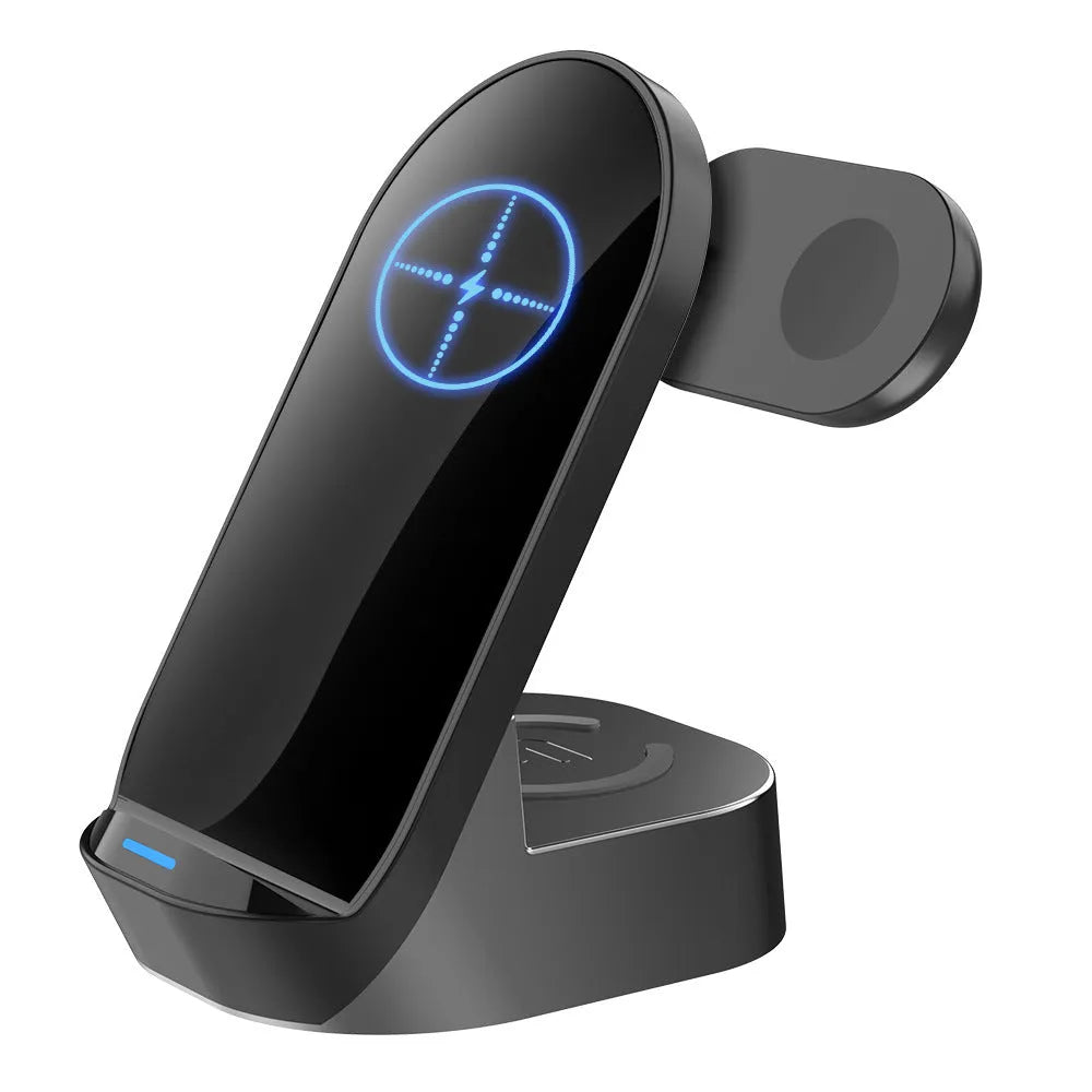 Black grey foldable 3-in-1 wireless charger vertical stand for phones, watches, and earbuds