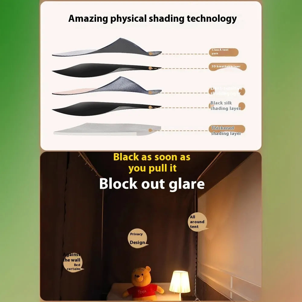 Grey integrated bed curtains with mosquito net showing five-side light blocking design for 0.9 metre beds