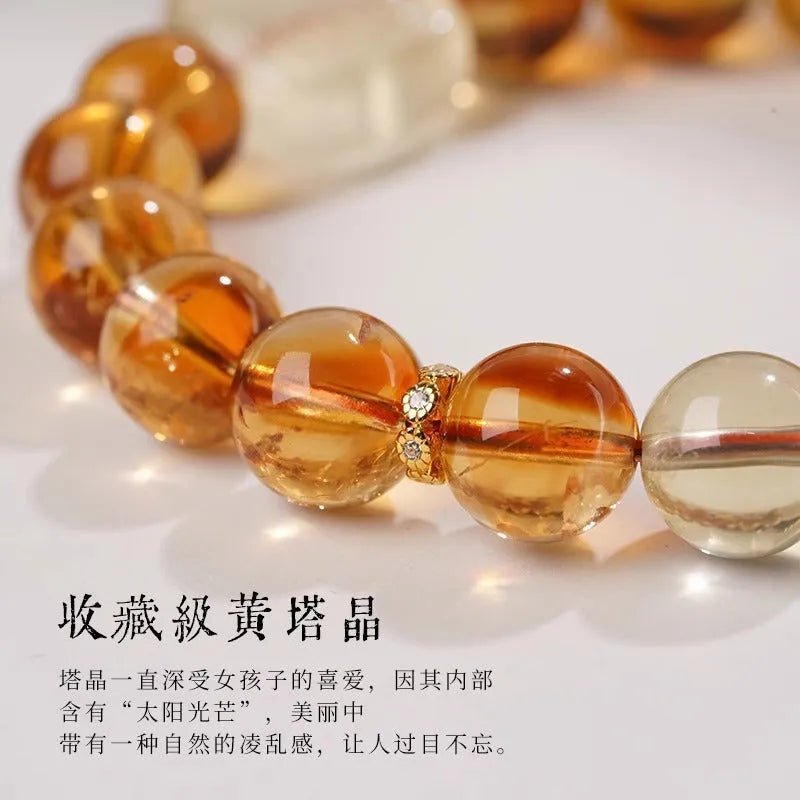Women's carved citrine crystal bracelet with 10mm geometry beads in national style