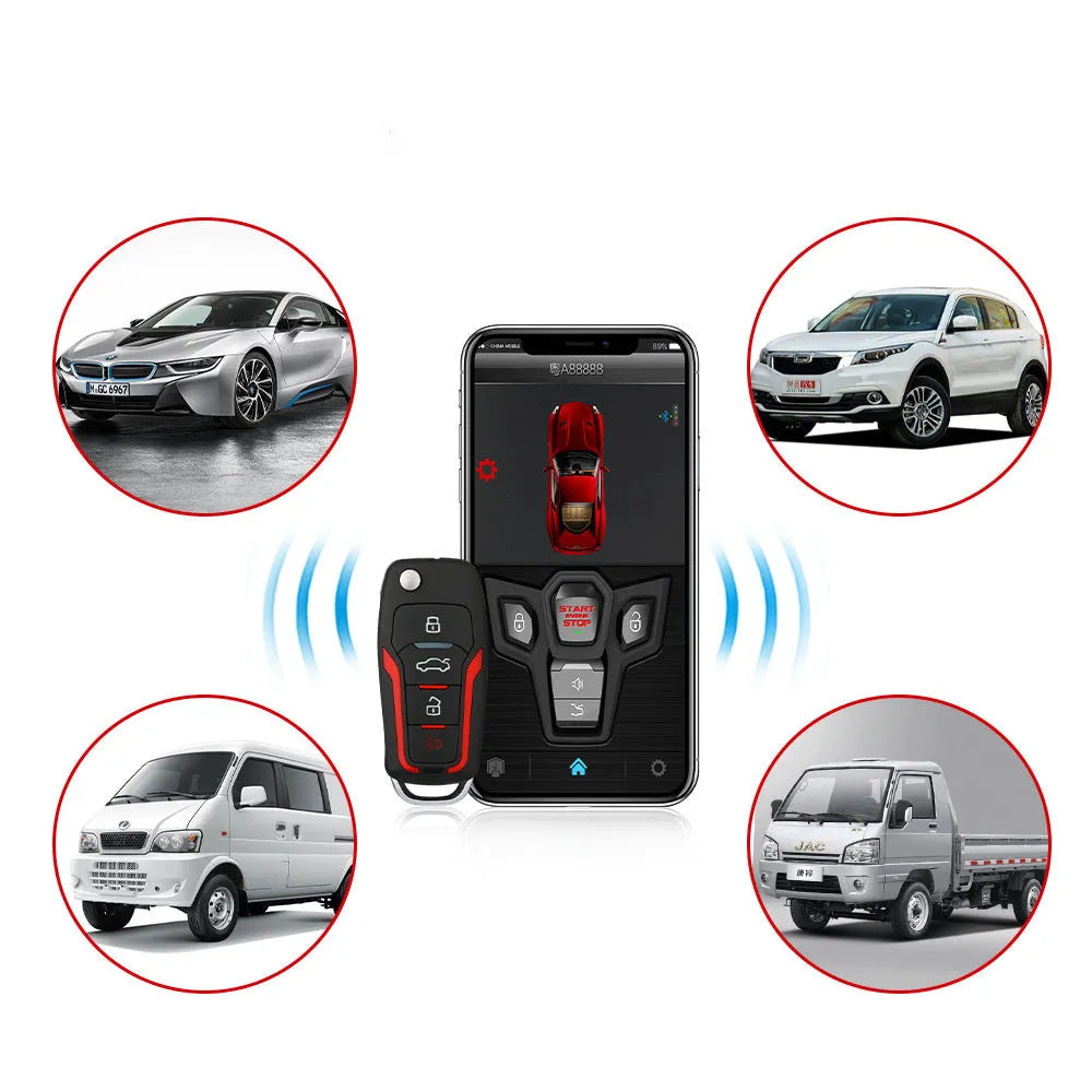 Red and black one-way remote car alarm system with GPS tracking and 3000m range