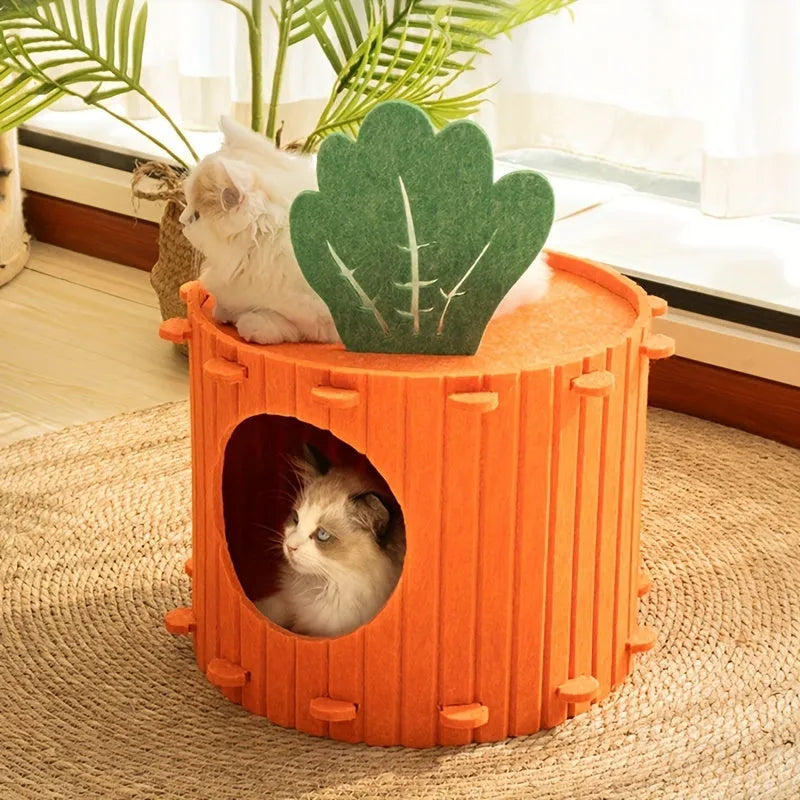 Carrot-shaped grey felt cat nest with a tunnel entrance, shown in two sizes for indoor cats.