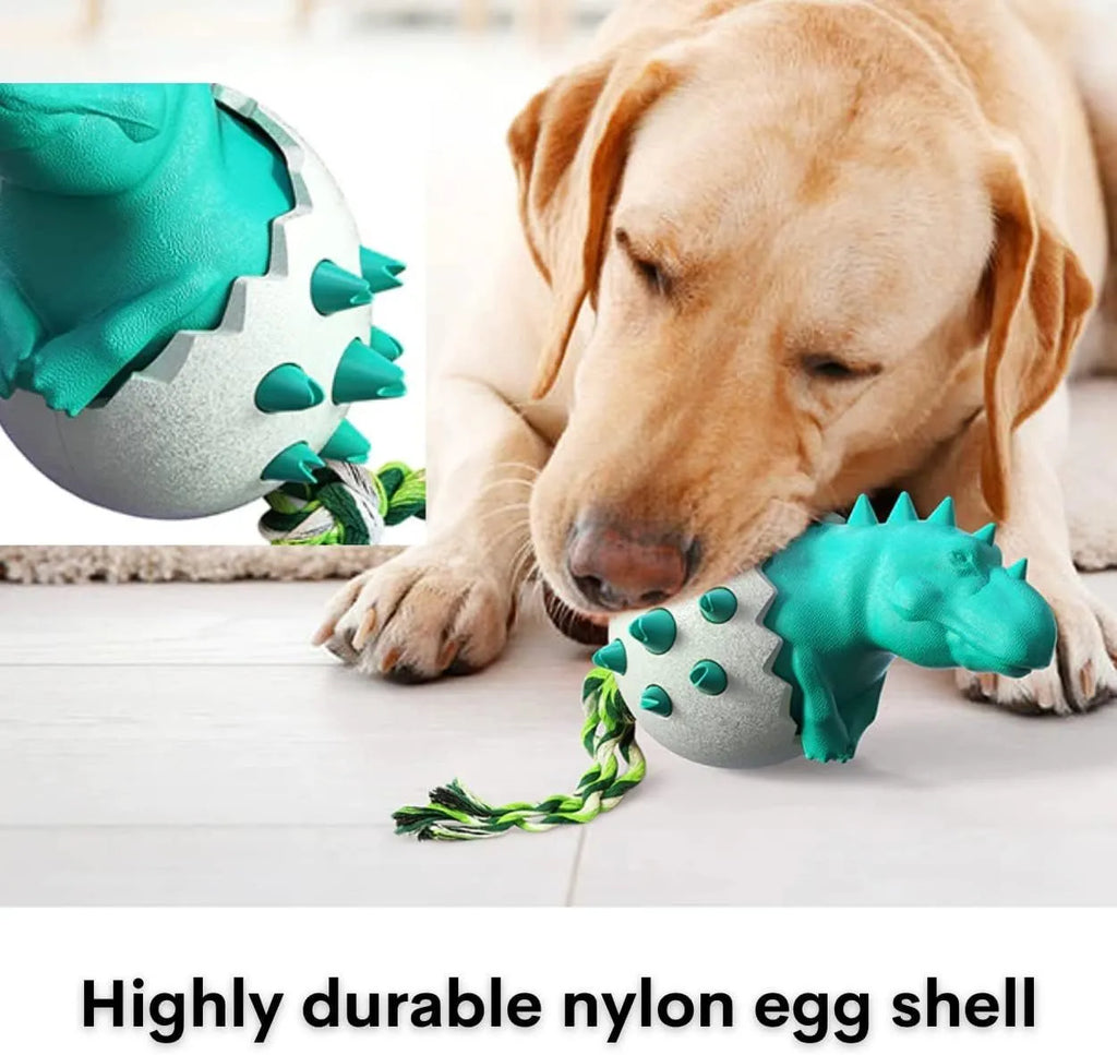 Blue dinosaur-shaped dog chew toy with rubber nubs and a rope tail for aggressive chewers.