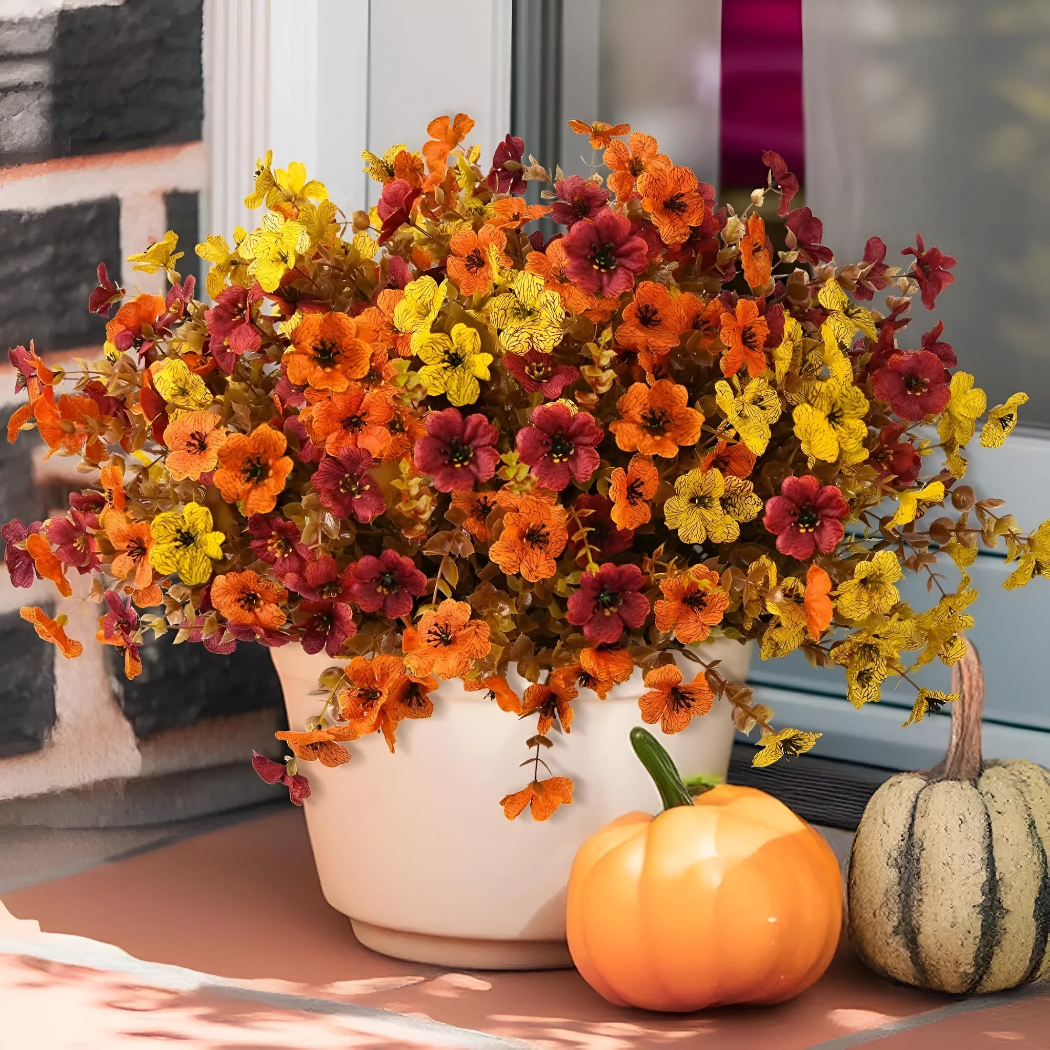 Plastic silk artificial flower bouquet in autumn orange colour for home decoration and wedding props
