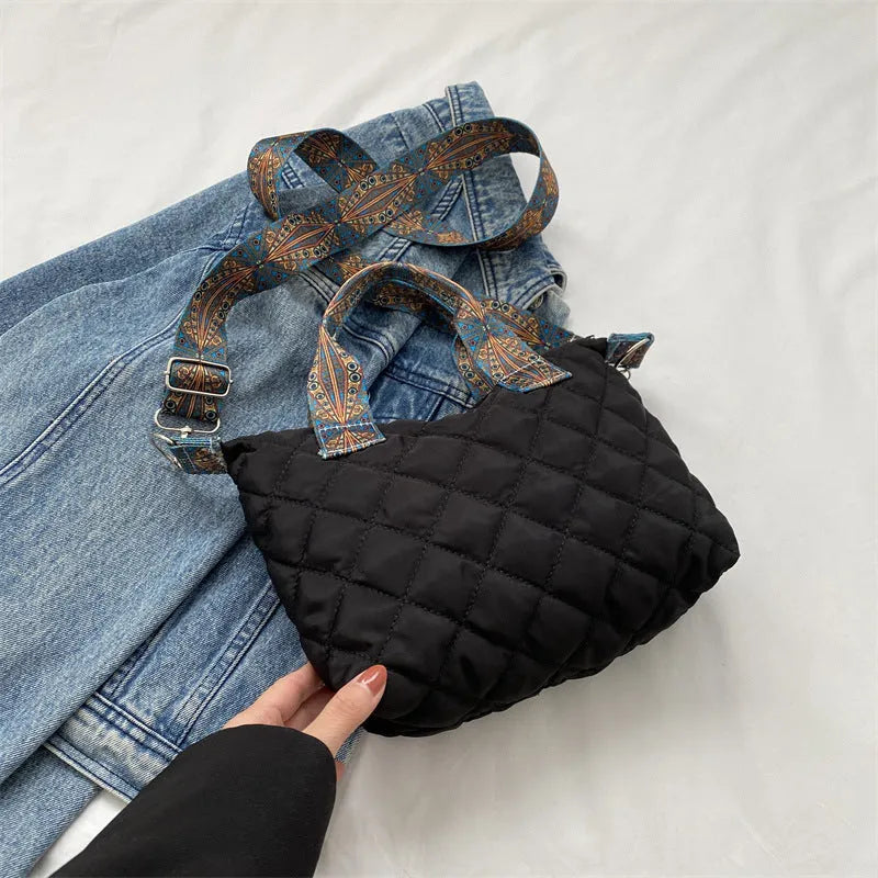 Horizontal square Oxford cloth messenger bag with single shoulder strap and embroidery details