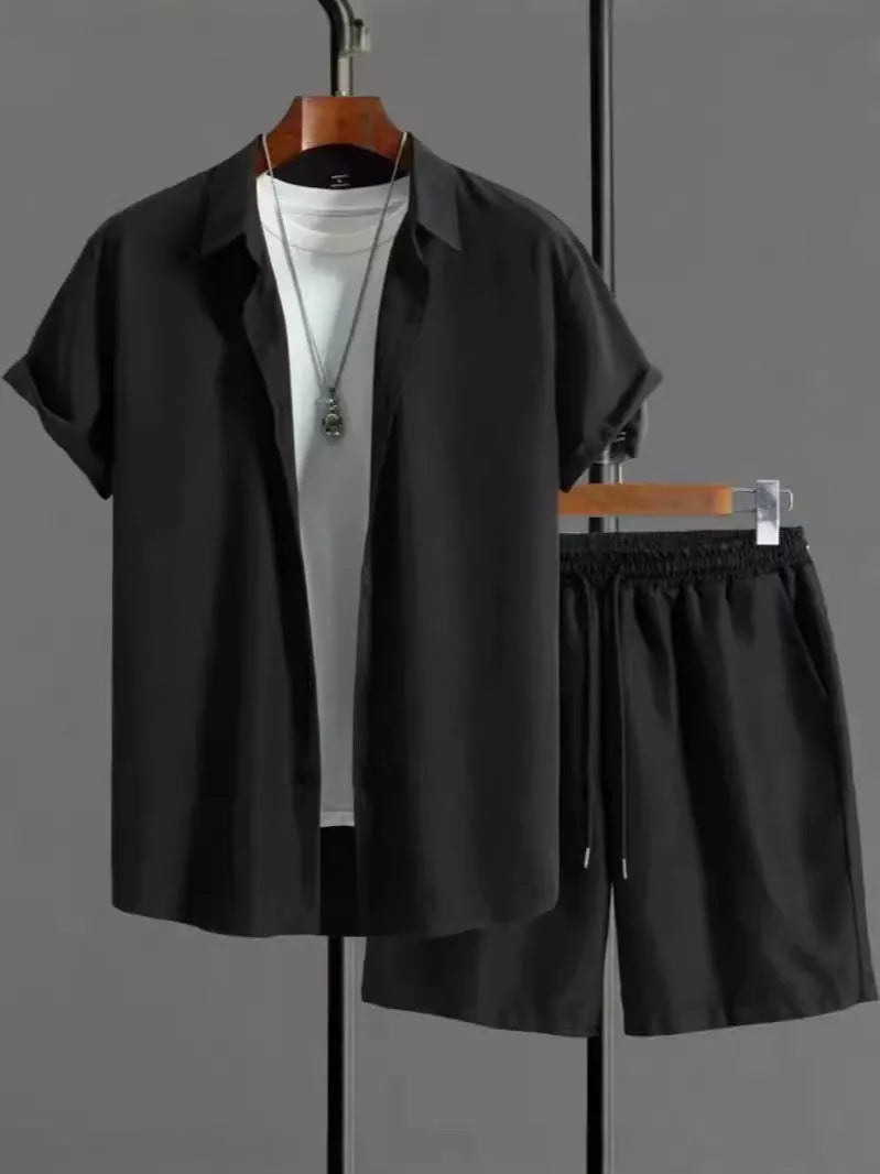 Men's jacquard short sleeve shirt and matching shorts suit set in beige, black, grey, or white