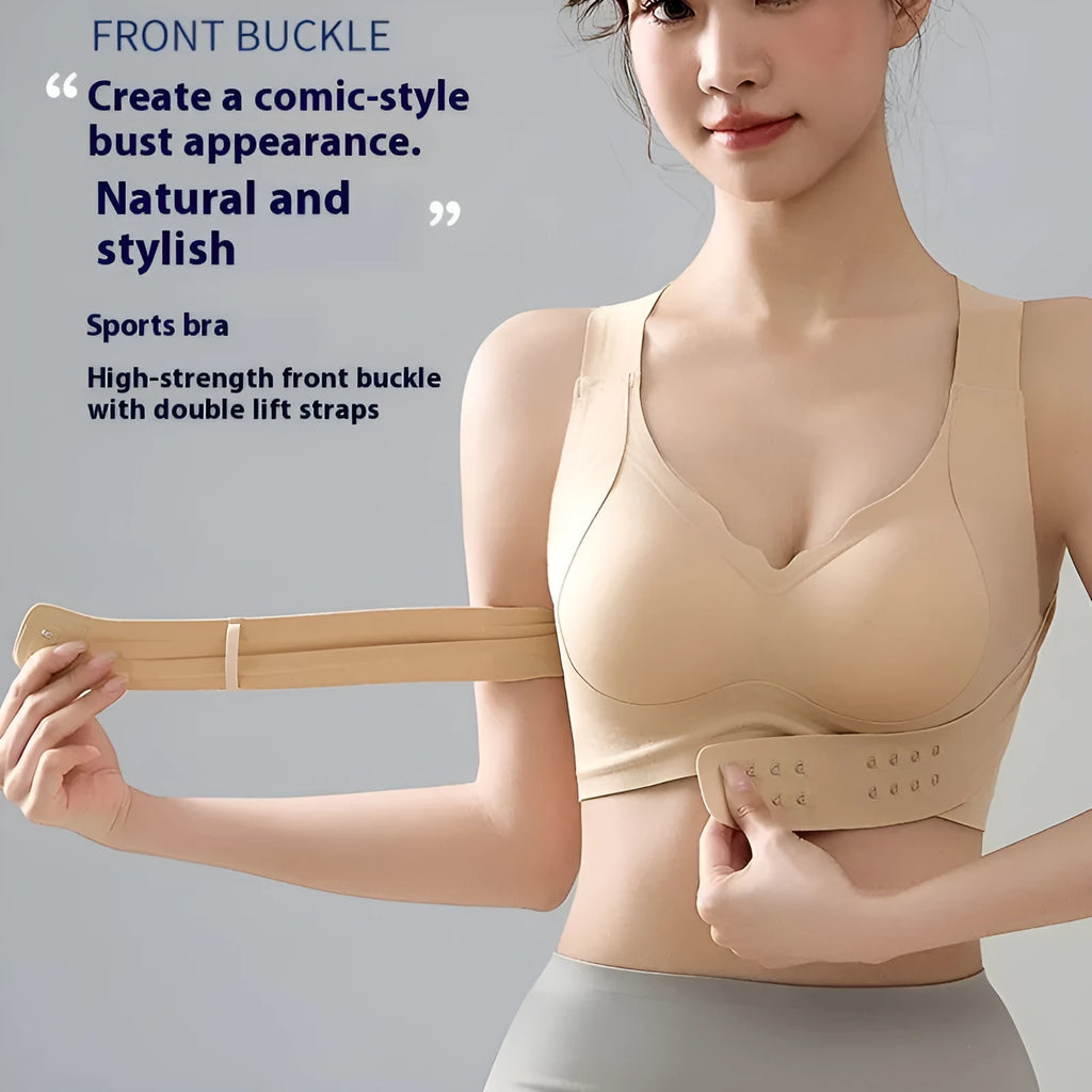 Women's black yoga bra with front buckle closure and supportive back design.