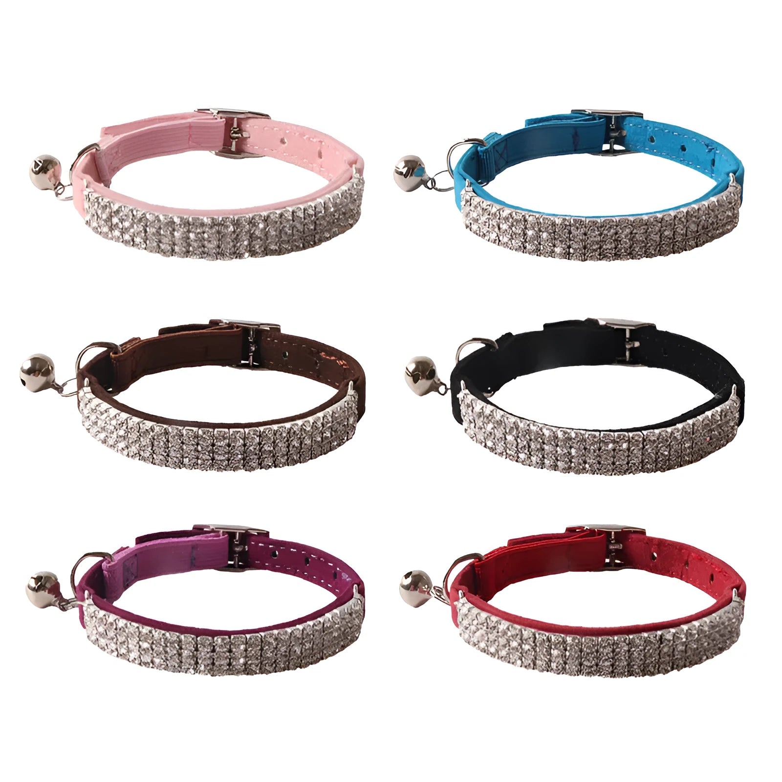 Flannel elastic buckle cat collar with gang drill decoration in assorted colours on a white background.