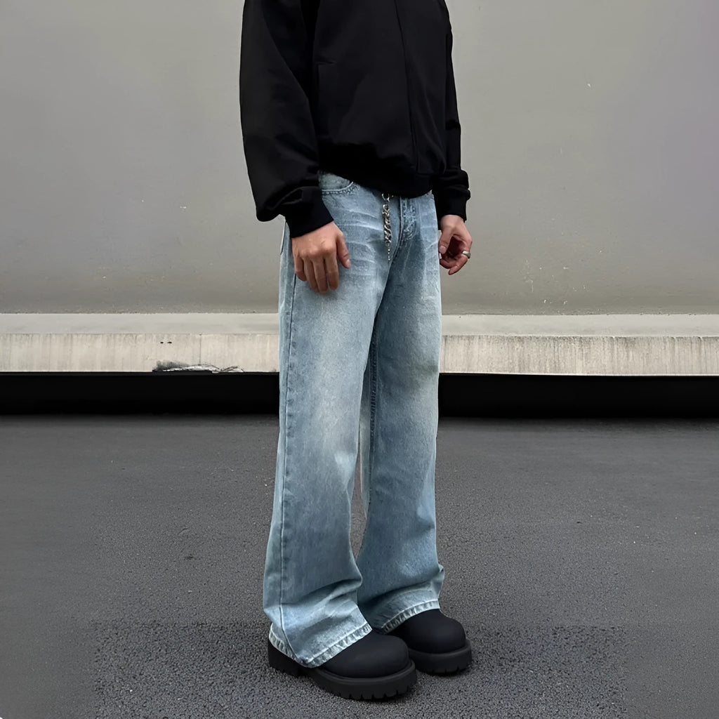 Men's retro whisker washed blue straight jeans with medium-high waist and visible stitching
