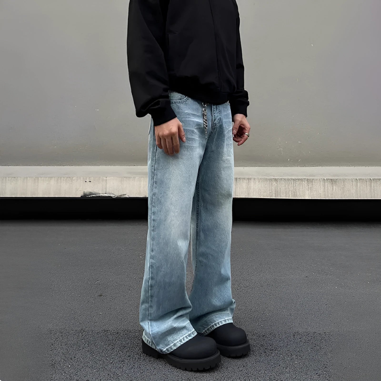 Men's retro whisker washed blue straight jeans with medium-high waist and visible stitching
