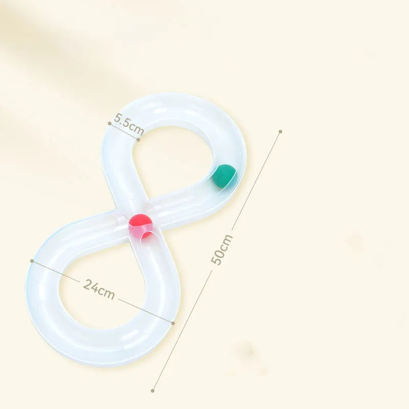 Blue and white plastic cat toy turntable track with a ball and a separate teasing stick.