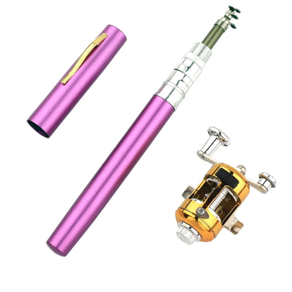 Gold telescopic pen fishing rod kit extended to 1m with plastic reel, collapsed into aluminium case.