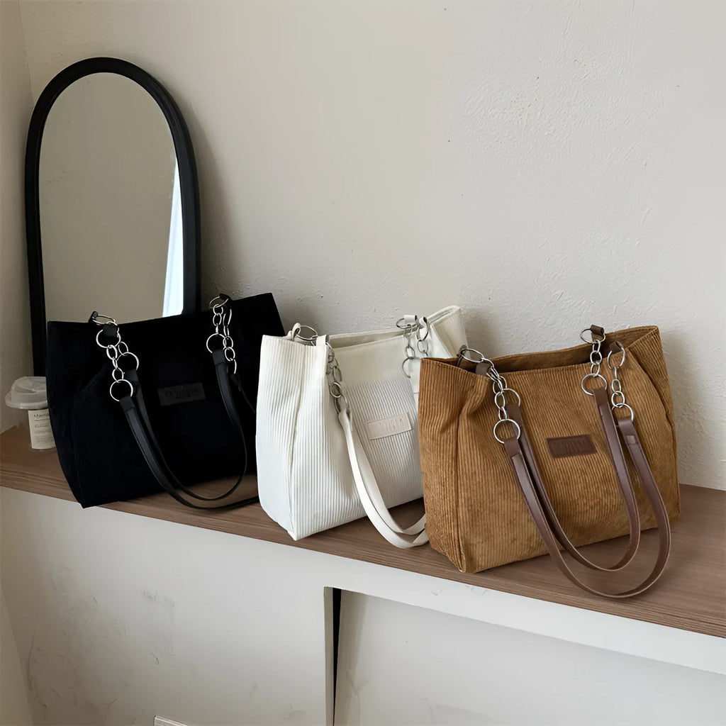 New corduroy one-shoulder tote large capacity handbag for women in brown with three-dimensional pocket