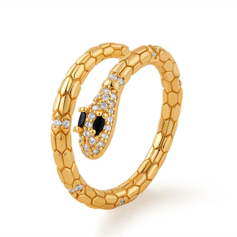 Snake-shaped adjustable finger ring with gold colour finish and detailed animal design