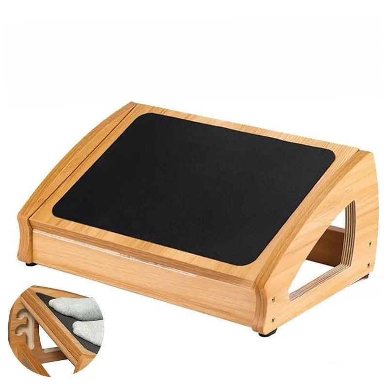 Wooden adjustable bamboo office desk footstool in natural wood colour with modern design