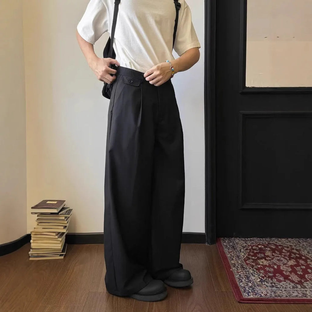 Men's brown straight-leg wide-cut casual trousers with draping silhouette