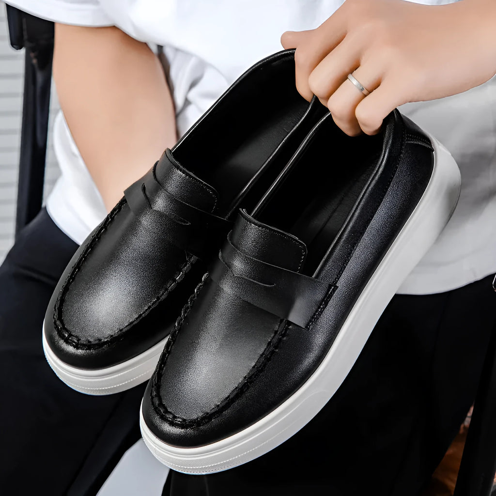 PU leather casual slip-on shoes with round toe in black and white, khaki or white colours
