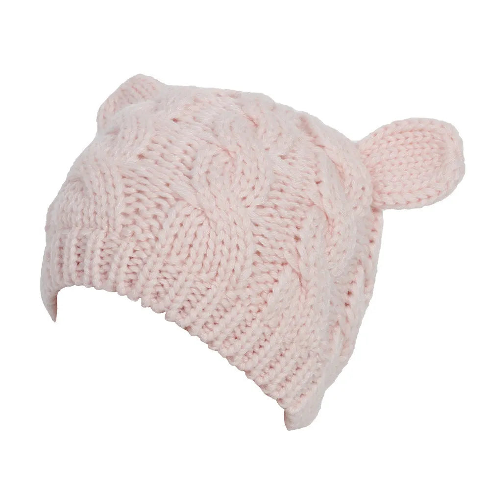 Hand-made knitted beanie hat with 3D cat ears in winter wool colours