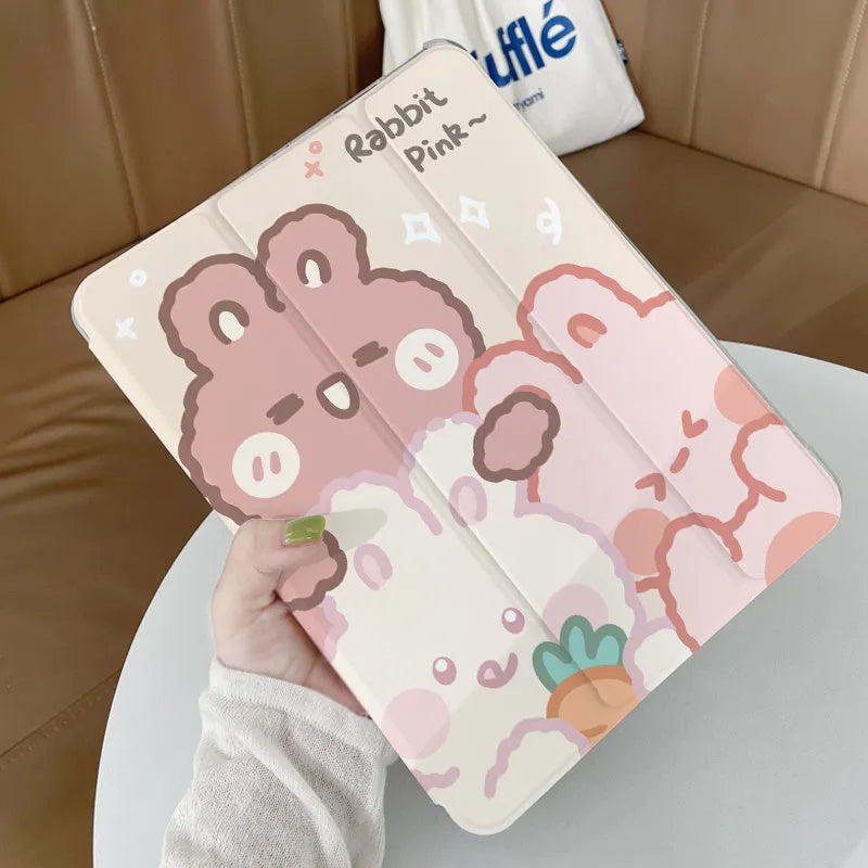 Silicone tri-fold protective case for iPad with cartoon rabbit design, shown folded as a stand.