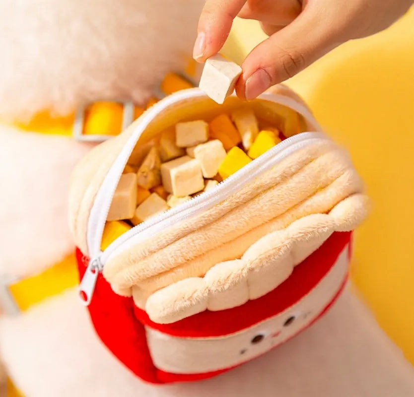 Cartoon hamburger print adjustable vest leash and backpack for a dog.