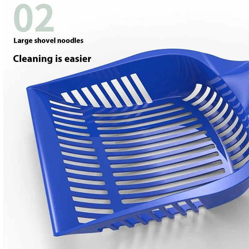 Red plastic cat litter scoop with handle next to a yellow and blue scoop, showing small and medium sizes.