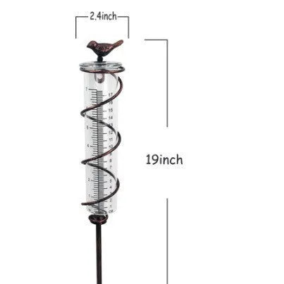 Cast iron outdoor rain gauge with glass tube showing 1-20 scale and 0-800ml capacity for garden lawn use