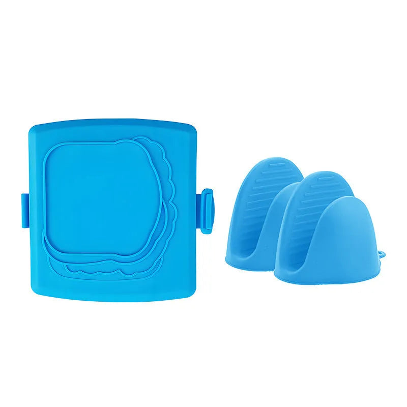 Red silicone baking tray with anti-scald protection and included gloves
