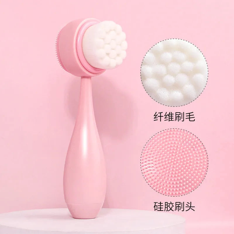 Facial cleansing brush with nylon bristles and coral fleece hair bands in purple, grey or pink colours