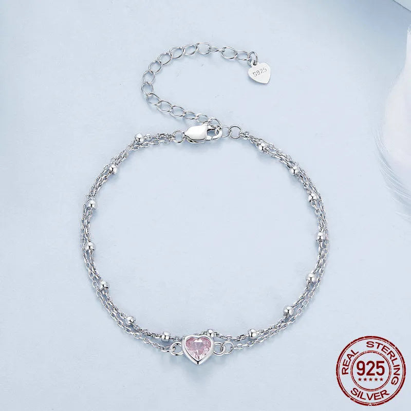 925 sterling silver bracelet with heart pendant and adjustable chain for women