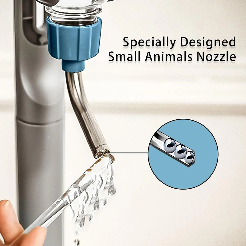 Blue small animal water bottle with 360° rotatable nozzle mounted on cage