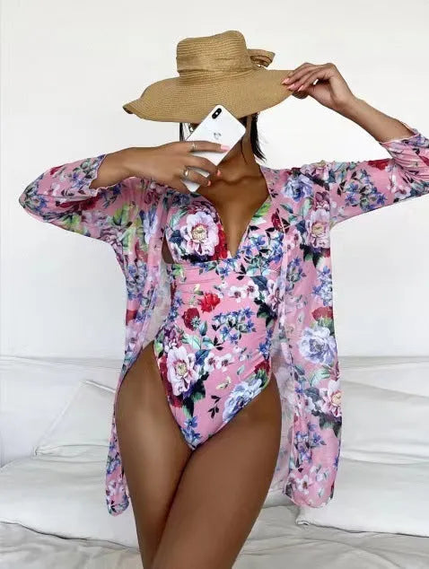 Women's floral pattern three-piece bikini swimsuit with matching coat in multiple colours