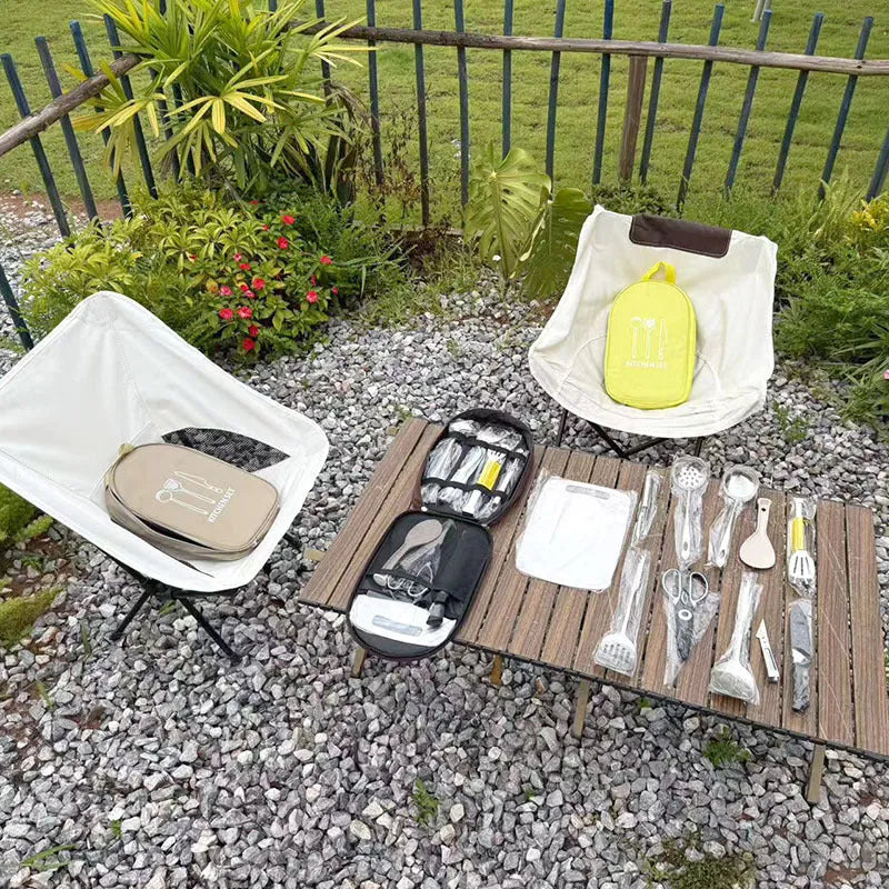 12-piece stainless steel picnic cutlery set inside a khaki coloured portable storage bag.