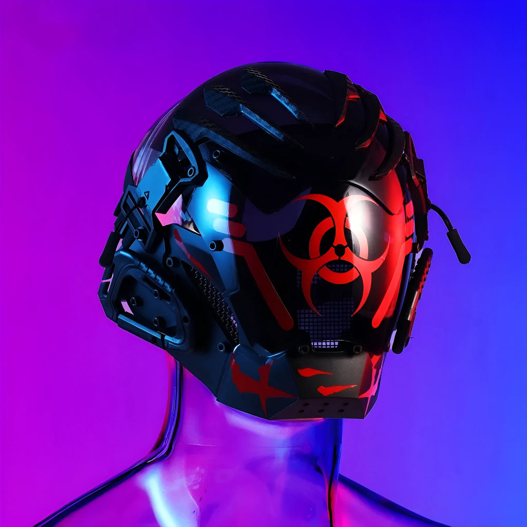 Black full face prop helmet with Bioweapon tech style for cosplay costumes