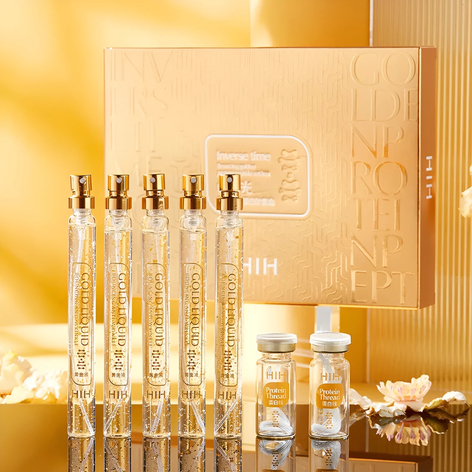 Gold Protein Peptide Kit facial essence set with 15ml vials and gold thread carving liquid