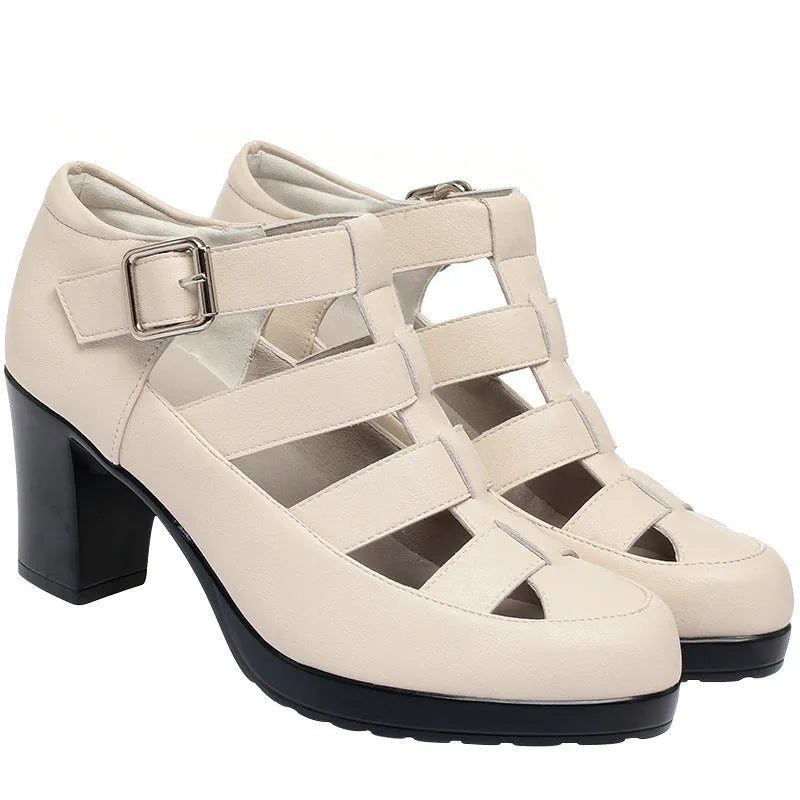 Women's closed toe chunky heel sandals with woven hollowed design and ankle strap in beige