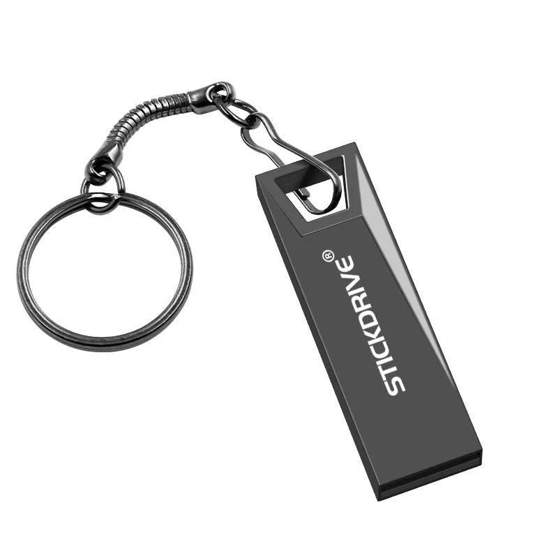 Metal USB flash drive on a keychain ring, shown in black and silver variants with decorative chain attachments.