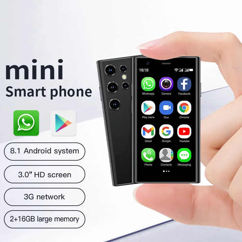 Mini smartphone with 30cm screen in black, green, or pink purple colour showing straight plate design