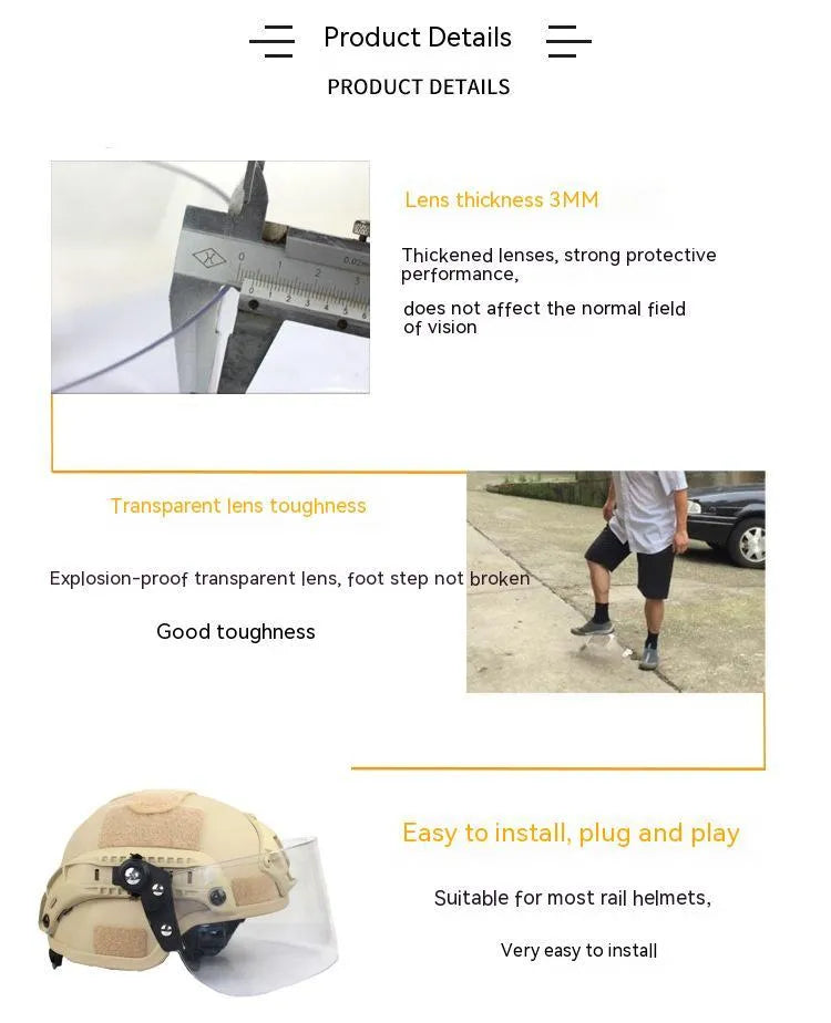 Transparent windproof polycarbonate face protection mask with semi-rimless frame and guide rail system, 30x15cm