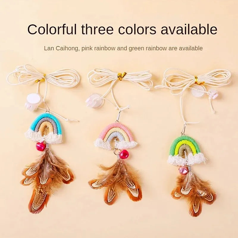 Feather cat rope door swing toy with elastic sticky buckle, available in blue, green, and pink