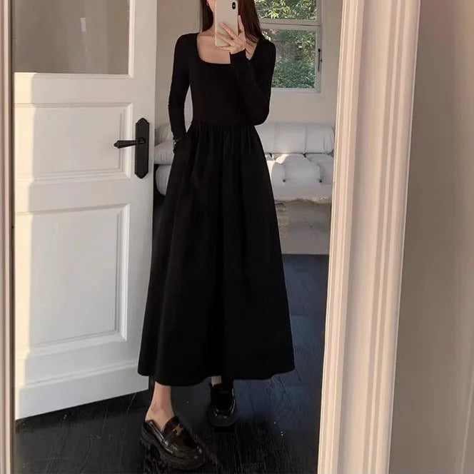 Women's black square collar knitted long sleeve dress with A-line skirt and elastic waist