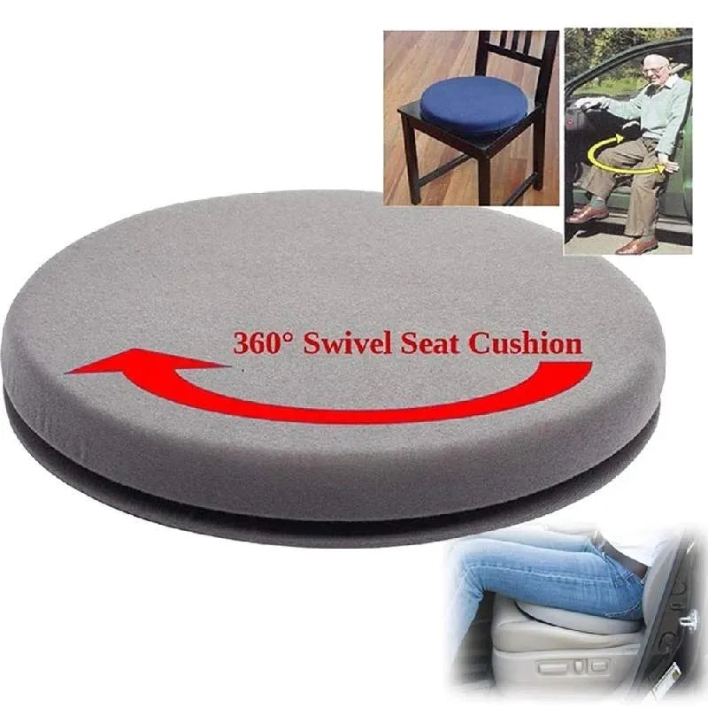 Grey car seat cushion with 360-degree rotation feature and non-slip base on a car seat.