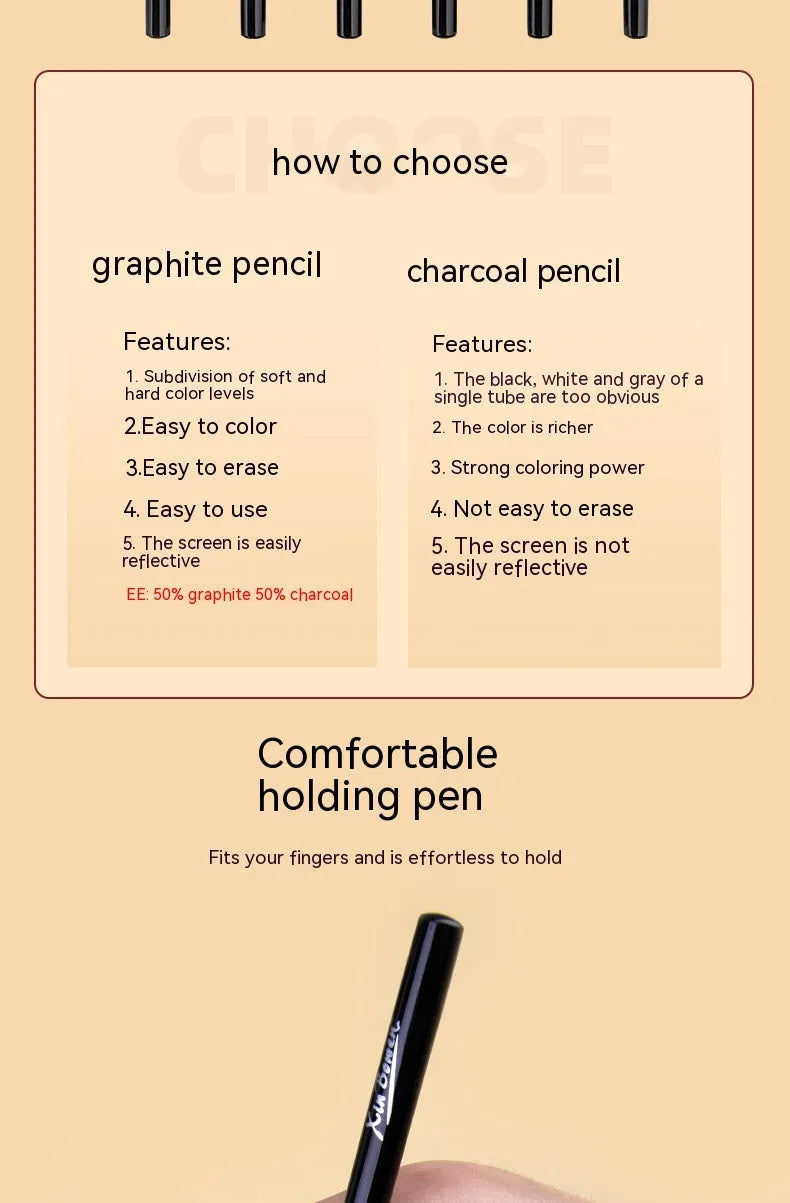 Wood-free graphite art sketching pencils six-piece set with graded hardness options