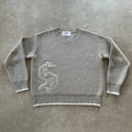 Grey loose-fitting jacquard knitwear pullover coat with long sleeves for autumn winter wear.