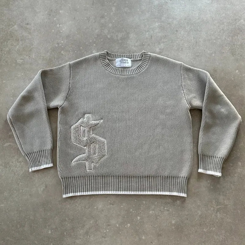 Grey loose-fitting jacquard knitwear pullover coat with long sleeves for autumn winter wear.