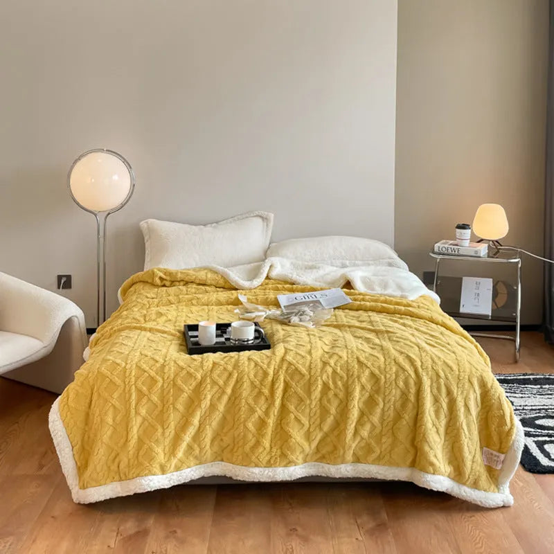Polyester winter thermal blanket in beige colour, sized 180x200 cm, on a bed.