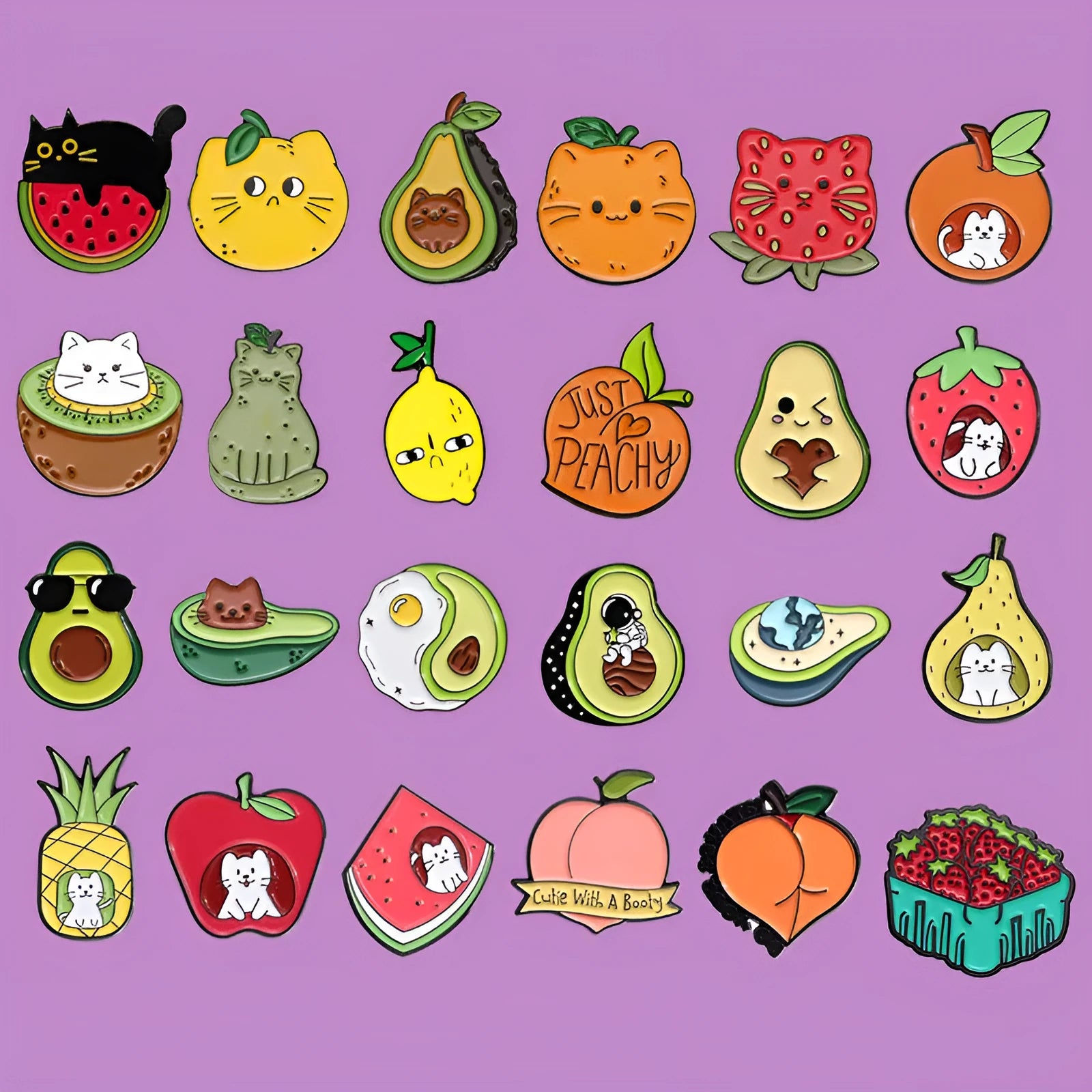 Colourful cartoon fruit and letters design on a zinc alloy metal brooch with pin clasp.