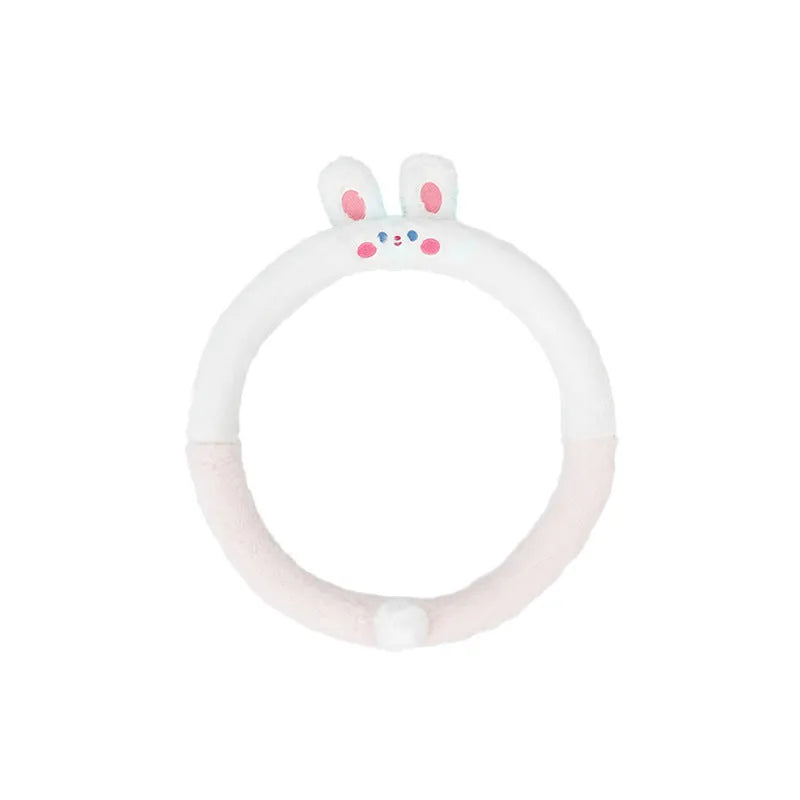 Plush winter car steering wheel cover with embroidered bear motif, designed for 38cm diameter wheels.