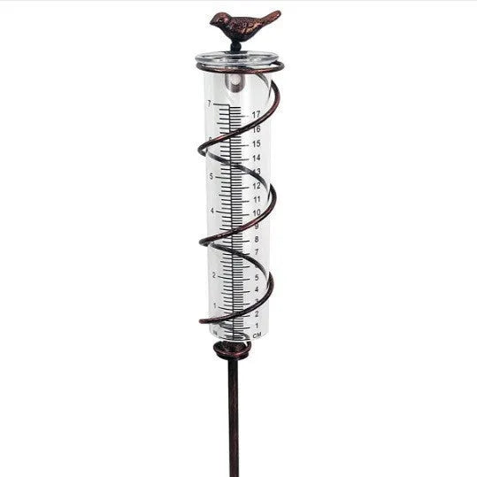 Cast iron outdoor rain gauge with glass tube showing 1-20 scale and 0-800ml capacity for garden lawn use