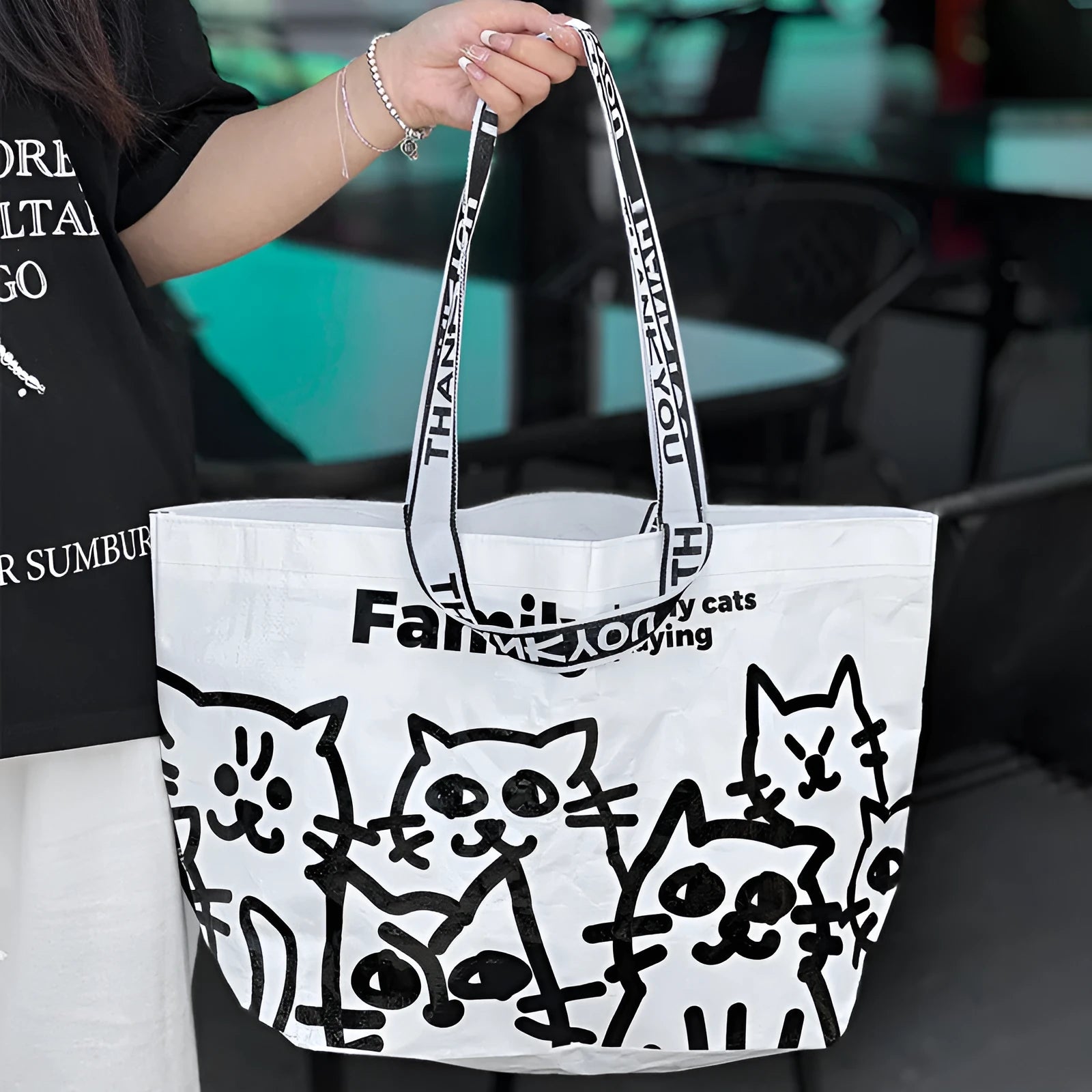 Waterproof woven handbag with colour printing, portable PP fabric tote for shopping or storage