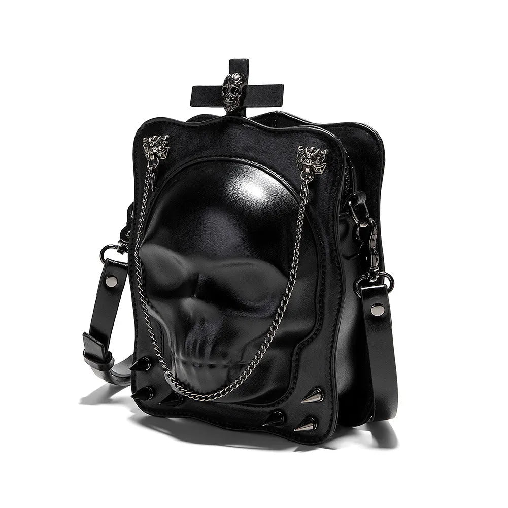 Black gothic skull mini square crossbody messenger bag with chain strap and zip opening
