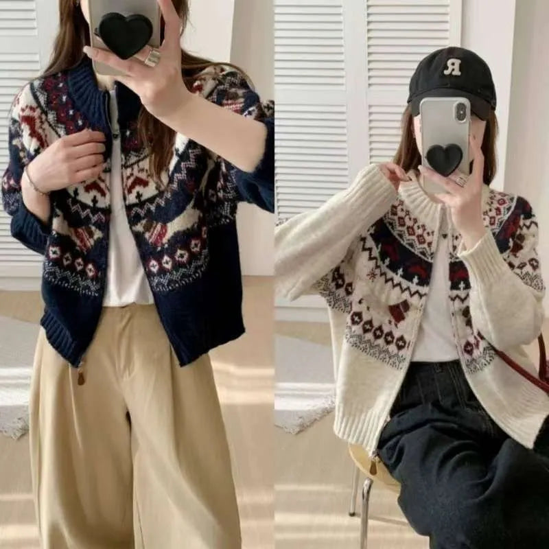 Ethnic style heavy industry jacquard pullover sweater with 3D pattern in apricot colour showing round neck and long sleeves
